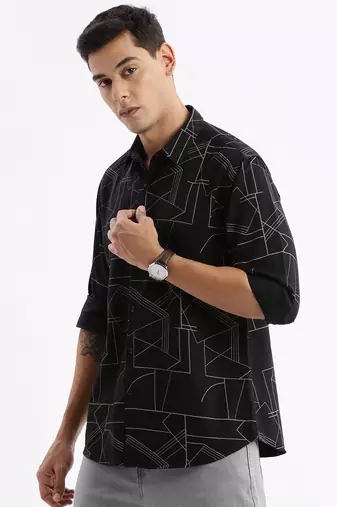 men's long sleeves geometric slim fit black shirt