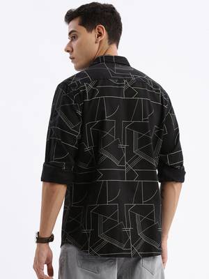 men's long sleeves geometric slim fit black shirt 4