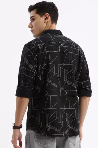 men's long sleeves geometric slim fit black shirt