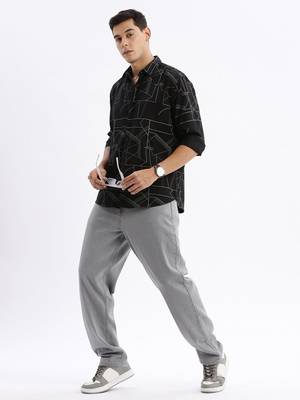 men's long sleeves geometric slim fit black shirt 5