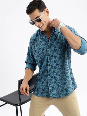 men's long sleeves floral slim fit teal shirt 1