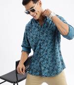 men's long sleeves floral slim fit teal shirt