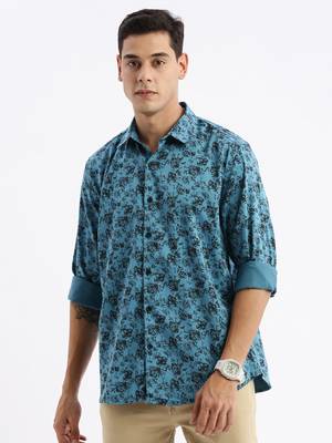 men's long sleeves floral slim fit teal shirt 2