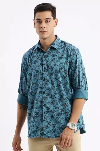 men's long sleeves floral slim fit teal shirt