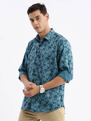 men's long sleeves floral slim fit teal shirt 3