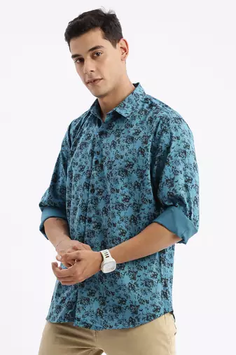 men's long sleeves floral slim fit teal shirt