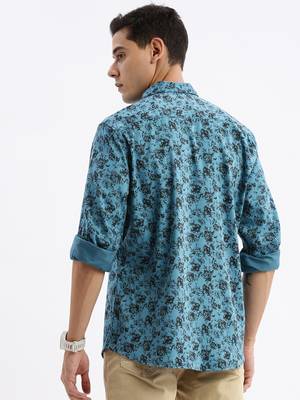 men's long sleeves floral slim fit teal shirt 4