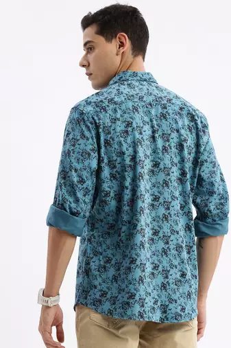 men's long sleeves floral slim fit teal shirt