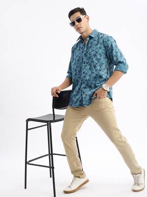 men's long sleeves floral slim fit teal shirt 5