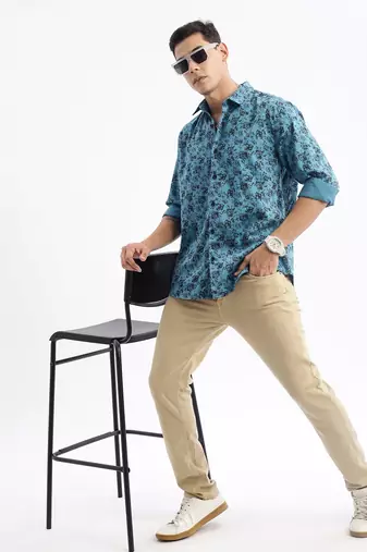 men's long sleeves floral slim fit teal shirt
