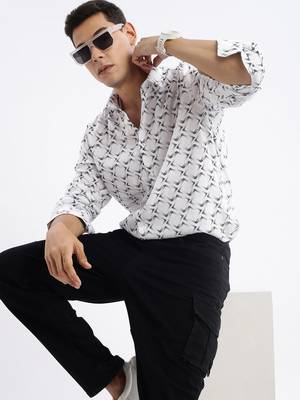 men's long sleeves geometric slim fit white shirt 1