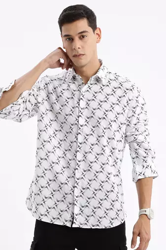 men's long sleeves geometric slim fit white shirt