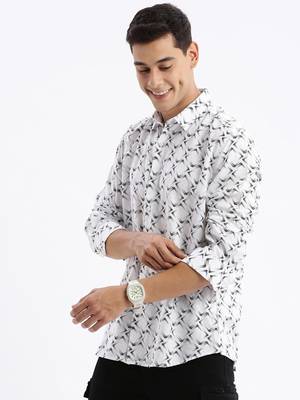 men's long sleeves geometric slim fit white shirt 3