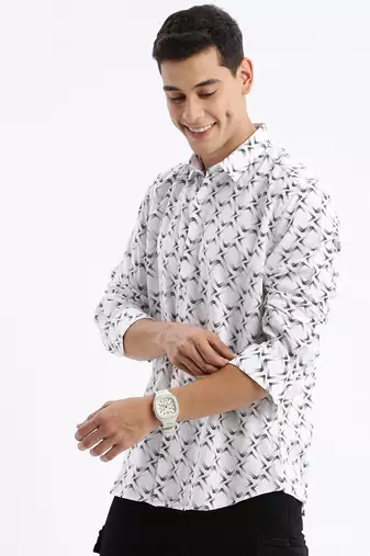 men's long sleeves geometric slim fit white shirt