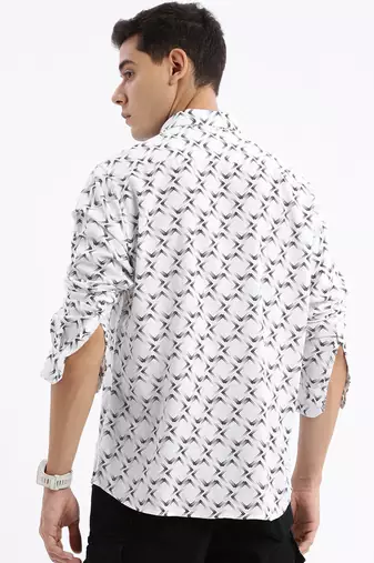 men's long sleeves geometric slim fit white shirt
