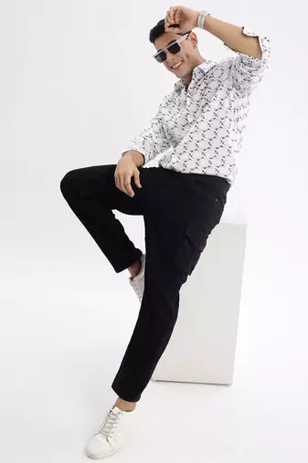 men's long sleeves geometric slim fit white shirt