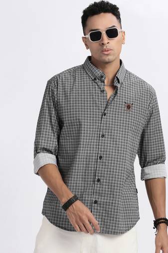 men's black checked slim fit shirt