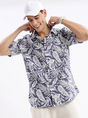 men's short sleeves floral slim fit blue shirt 1