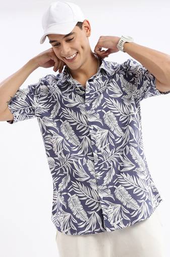 men's short sleeves floral slim fit blue shirt