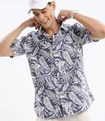 men's short sleeves floral slim fit blue shirt
