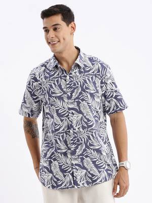 men's short sleeves floral slim fit blue shirt 2