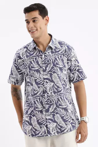 men's short sleeves floral slim fit blue shirt