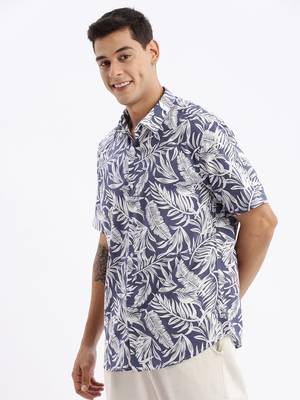 men's short sleeves floral slim fit blue shirt 3