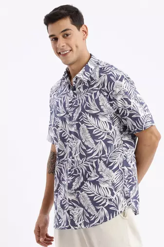 men's short sleeves floral slim fit blue shirt