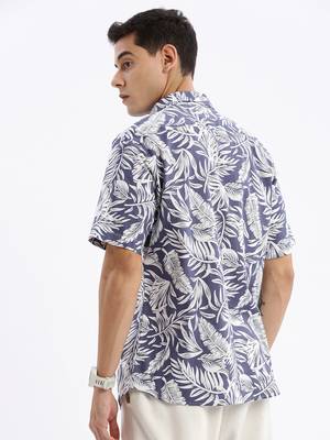 men's short sleeves floral slim fit blue shirt 4