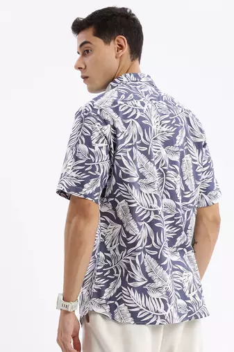 men's short sleeves floral slim fit blue shirt