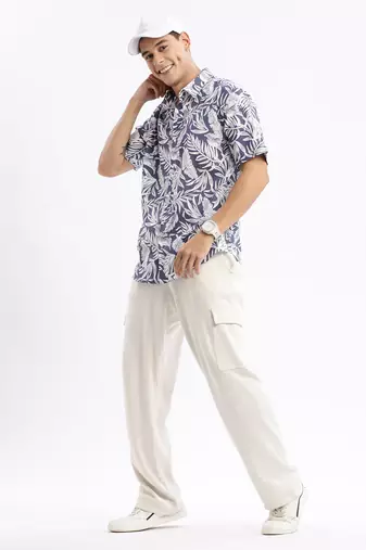 men's short sleeves floral slim fit blue shirt
