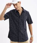 men's short sleeves abstract slim fit navy blue shirt