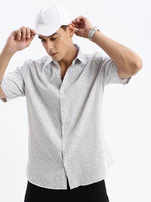 Showoff men's short sleeves floral slim fit white shirt 1