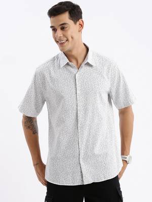 Showoff men's short sleeves floral slim fit white shirt 2
