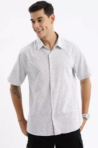 Showoff men's short sleeves floral slim fit white shirt