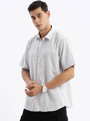 Showoff men's short sleeves floral slim fit white shirt 3