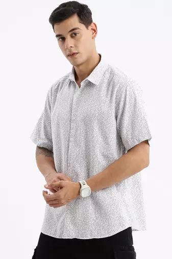 Showoff men's short sleeves floral slim fit white shirt
