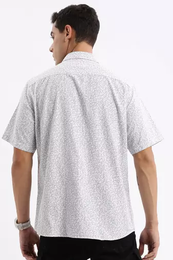 Showoff men's short sleeves floral slim fit white shirt