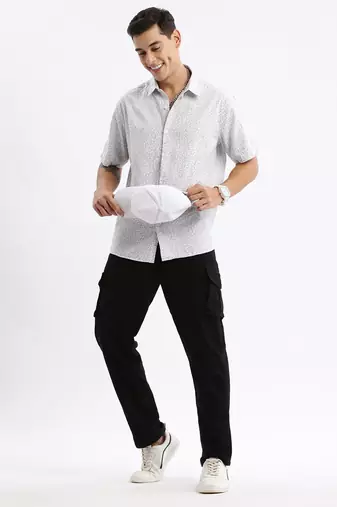 Showoff men's short sleeves floral slim fit white shirt