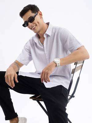 men's short sleeves geometric slim fit white shirt 1