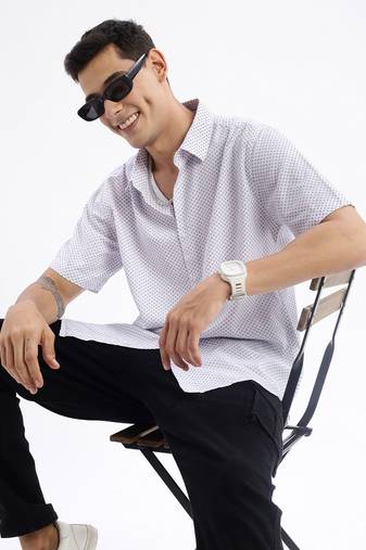 men's short sleeves geometric slim fit white shirt