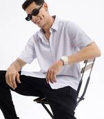 men's short sleeves geometric slim fit white shirt