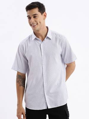 men's short sleeves geometric slim fit white shirt 2
