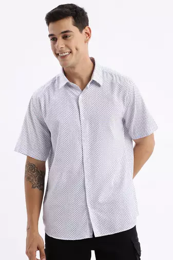 men's short sleeves geometric slim fit white shirt