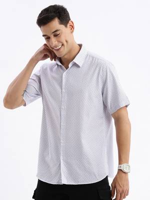 men's short sleeves geometric slim fit white shirt 3