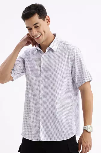 men's short sleeves geometric slim fit white shirt