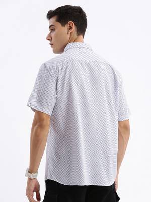 men's short sleeves geometric slim fit white shirt 4