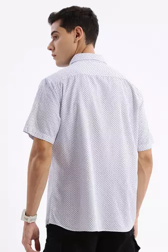 men's short sleeves geometric slim fit white shirt