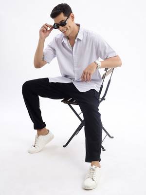 men's short sleeves geometric slim fit white shirt 5