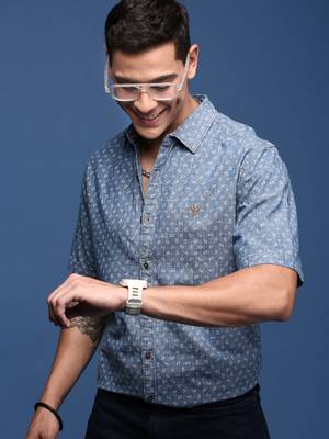 men's ethnic motifs blue slim fit shirt 1